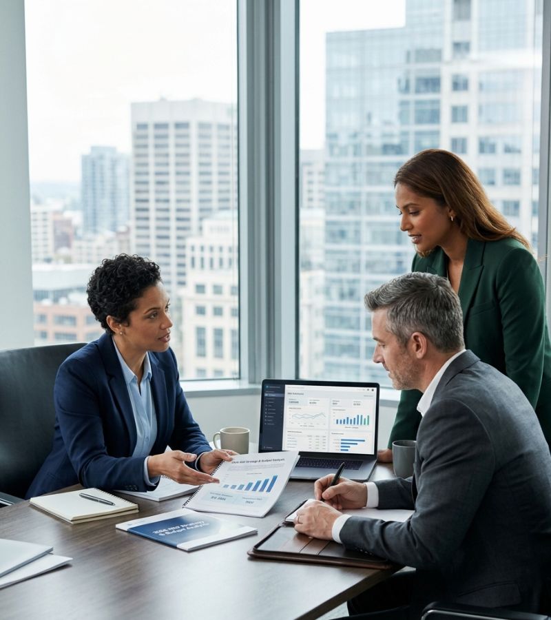 Three business professionals reviewing SEO services cost breakdown charts and analytics reports in a modern office
