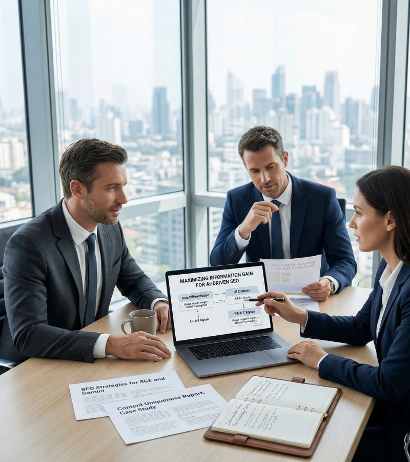 Three SEO professionals analyzing an information gain framework diagram on a laptop during a high-rise office strategy meeting