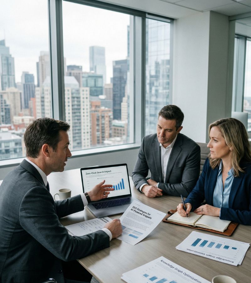 Three marketing professionals discussing zero-click search impact data on a laptop screen during a boardroom strategy session